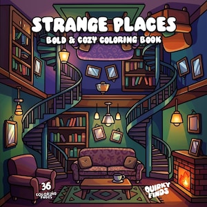 Peut inclure: Un livre de coloriage intitulé Strange Places Bold & Cozy Coloring Book présentant une illustration de bibliothèque avec deux escaliers en colimaçon, un canapé, un fauteuil, une cheminée, des étagères et des lampes. Le texte indique 36 pages.