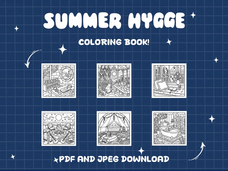 May include: A blue background with white text that reads "SUMMER HYGGE COLORING BOOK!" and "PDF AND JPEG DOWNLOAD". The image features five black and white illustrations of cozy summer scenes, including a bonfire and a bathtub.