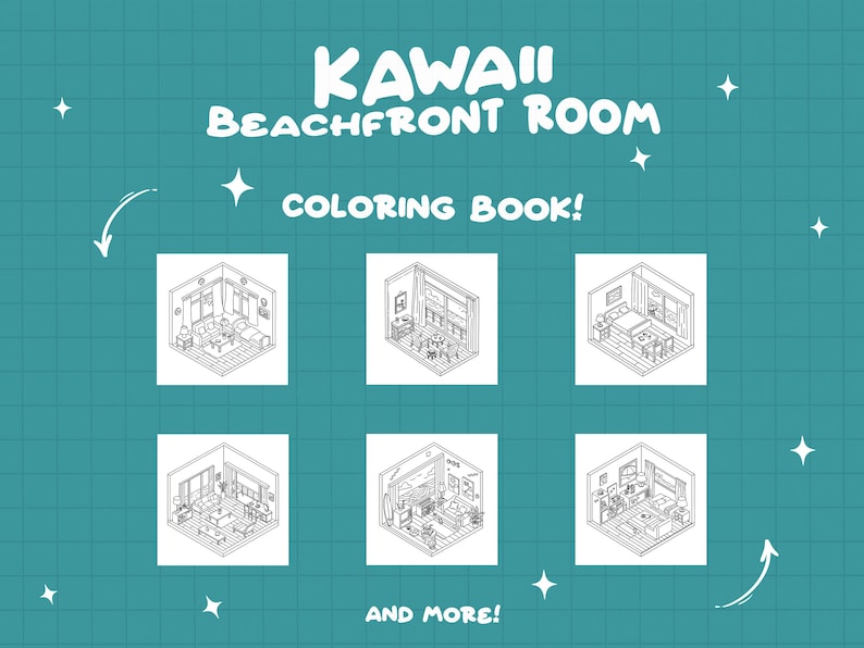 May include: Kawaii Beachfront Room Coloring Book! A black and white coloring book featuring six different illustrations of a room with furniture and decor. The illustrations are in an isometric style. The text "Kawaii Beachfront Room Coloring Book!" is at the top of the image. The text "And More!" is at the bottom of the image.