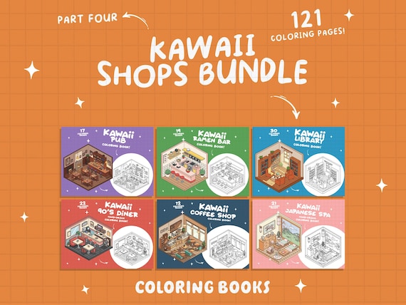 Shop Coloring Book Bundle Digital Cozy Places Coloring Restaurant Coffee Coloring Japanese Library Coloring Tiny Coloring Pages Bundle 4