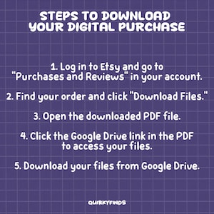 May include: A purple grid background with white text detailing the steps to download a digital purchase. Instructions include logging into Etsy, finding the order, downloading files, and accessing Google Drive. The text is in a playful font.