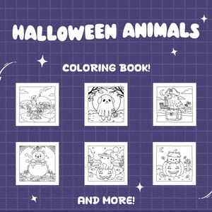 May include: A purple background with the text "HALLOWEEN ANIMALS COLORING BOOK!" in white. The image shows six black and white illustrations of Halloween animals, such as a ghost dog, a pirate owl, and a bear in a cauldron. The words "AND MORE!" are at the bottom.