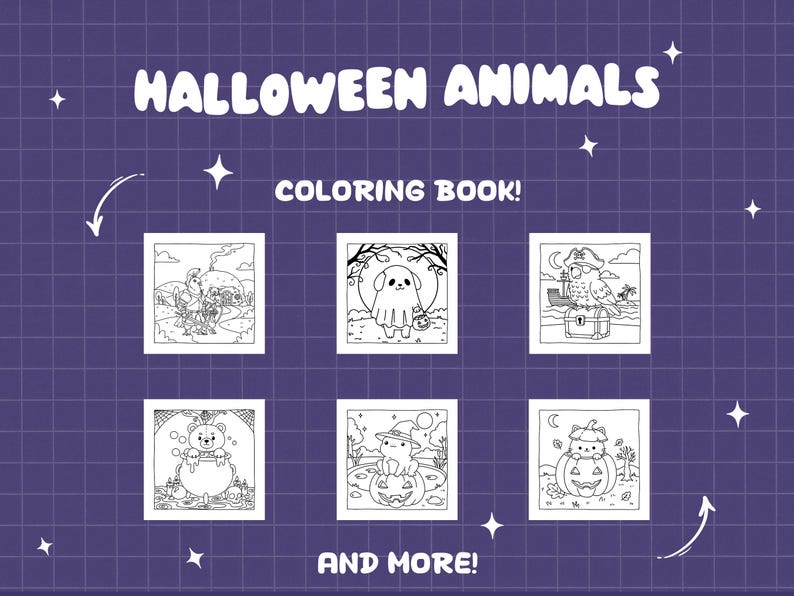 May include: A purple background with the text "HALLOWEEN ANIMALS COLORING BOOK!" in white. The image shows six black and white illustrations of Halloween animals, such as a ghost dog, a pirate owl, and a bear in a cauldron. The words "AND MORE!" are at the bottom.