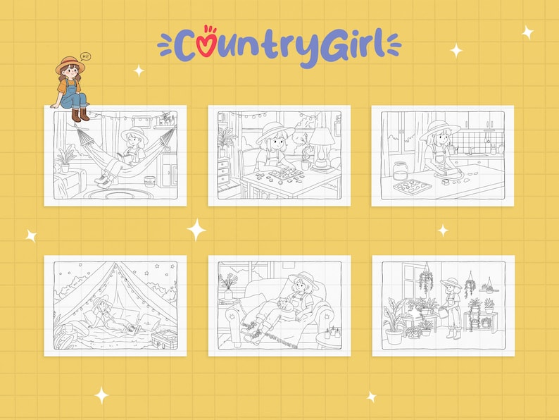 May include: Six black and white illustrations depicting a country girl in different settings. The scenes show her relaxing in a hammock, playing a game, cooking, camping, relaxing on a sofa, and gardening. The words "Country Girl" are displayed at the top.