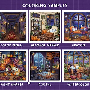 May include: A grid of six square illustrations labeled COLORING SAMPLES, showcasing various artistic mediums including color pencil, alcohol marker, crayon, paint marker, digital, and watercolor, each depicting cozy, spooky, ghost-themed interiors.