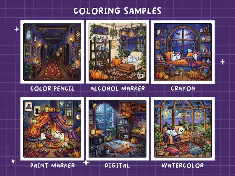 May include: A grid of six square illustrations labeled COLORING SAMPLES, showcasing various artistic mediums including color pencil, alcohol marker, crayon, paint marker, digital, and watercolor, each depicting cozy, spooky, ghost-themed interiors.