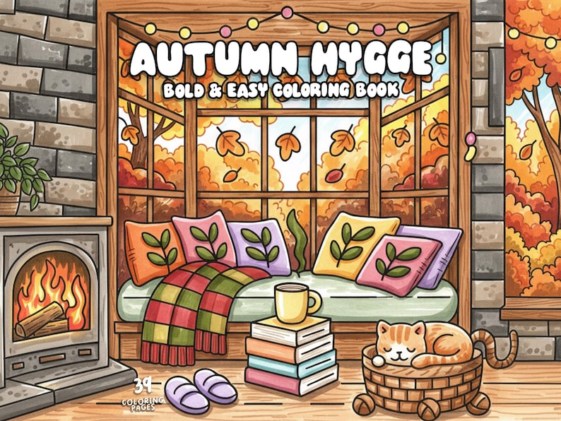 May include: A colourful illustration for an "Autumn Hygge" colouring book. The image shows a cosy autumn scene with a window, fireplace, cushions, a blanket, books, a mug, a cat in a basket, and the text "Bold & Easy Coloring Book".