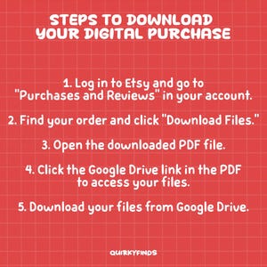 Puede incluir: Fondo rojo con patr&oacute;n de cuadr&iacute;cula y texto blanco. El texto detalla los pasos para descargar una compra digital de Etsy y Google Drive. Instrucciones numeradas, incluyendo el inicio de sesi&oacute;n en Etsy y la descarga de archivos. Logo de Quirkyfinds abajo.