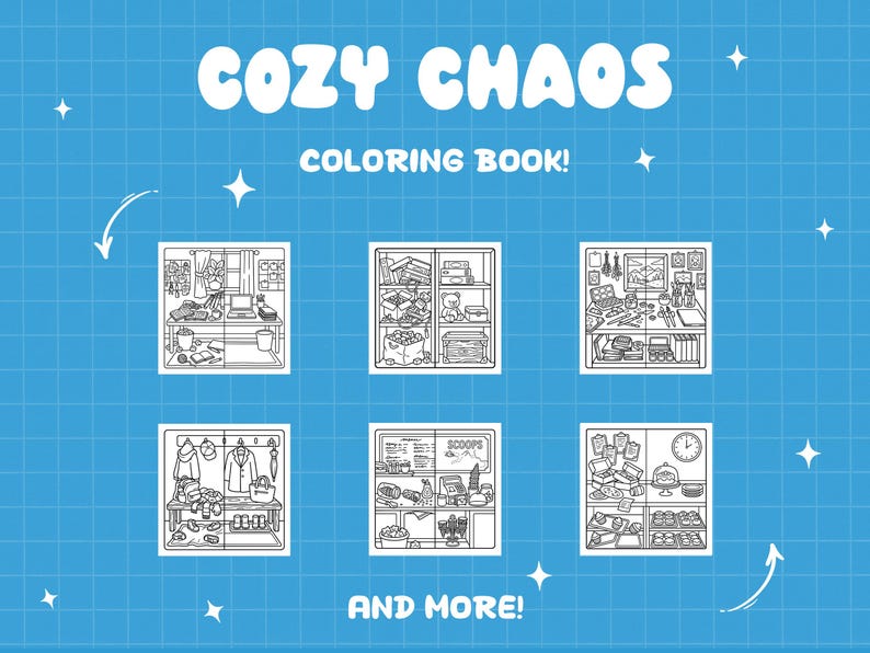 K&ouml;nnte beinhalten: Blauer Hintergrund mit den Worten "COZY CHAOS" und "COLORING BOOK!" in Wei&szlig;. Das Bild zeigt sechs Schwarz-Wei&szlig;-Illustrationen von gem&uuml;tlichen Szenen, mit den Worten "AND MORE!" unten.