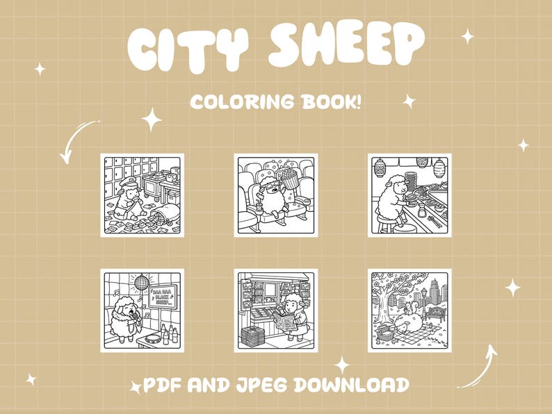 May include: A tan background features the text "CITY SHEEP COLORING BOOK!" in white bubble letters. Below are six black and white illustrations of sheep in various city settings. The text "PDF AND JPEG DOWNLOAD" is at the bottom.