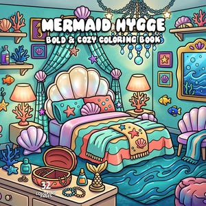 Puede incluir: Ilustración colorida de un dormitorio con temática de sirenas con el texto "MERMAID HYGGE BOLD & COZY COLORING BOOKS". La habitación presenta una cama, una silla y una cómoda, todos decorados con elementos marinos como conchas, corales y estrellas de mar.