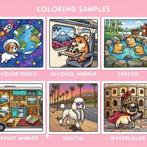 May include: A collection of six colorful illustrations, each showcasing a different coloring style. The images feature a dog in space, a hamster on a train, capybaras in a hot spring, a camper van interior, a poodle in Hollywood, and a pug as a Roman soldier.