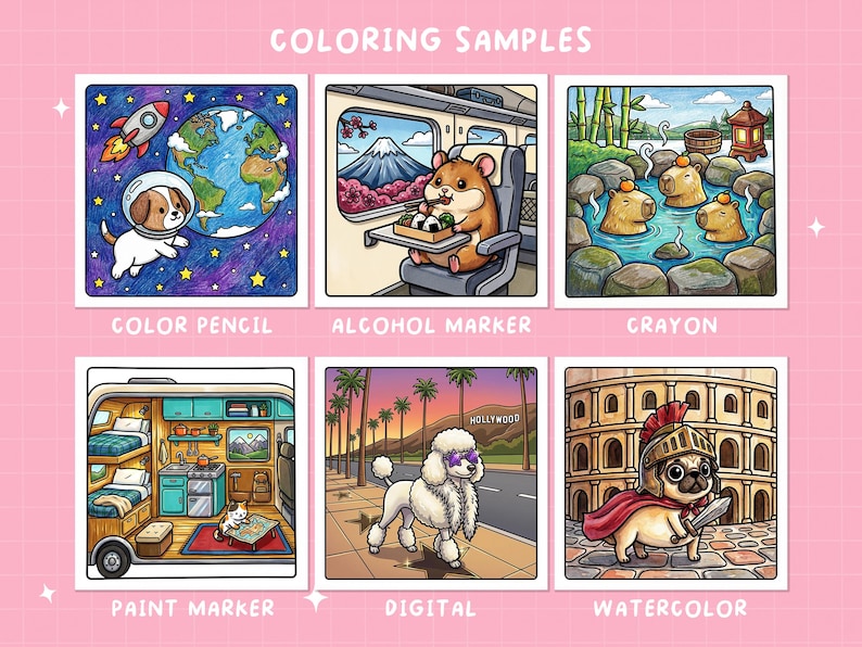May include: A collection of six colorful illustrations, each showcasing a different coloring style. The images feature a dog in space, a hamster on a train, capybaras in a hot spring, a camper van interior, a poodle in Hollywood, and a pug as a Roman soldier.