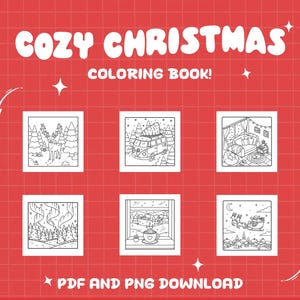 May include: A red background with a grid pattern and the words "COZY CHRISTMAS COLORING BOOK!" in white. The image features six black and white coloring book pages with Christmas-themed illustrations, including a reindeer, a van with a Christmas tree, and a cozy living room.