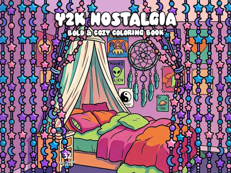 Y2k coloring book nostalgia coloring 2000s 90s coloring aesthetic pop culture coloring bold easy teen coloring page digital printable sheets bild 1