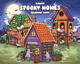 Może przedstawiać: Ilustracja okładki "Kawaii Spooky Homes Coloring Book". Obraz przedstawia domy z kreskówek, duchy i książki. Księgarnia ma fioletowy wygląd zewnętrzny i pomarańczowy dach. Tło to nocna scena z pełnią księżyca i nietoperzami.