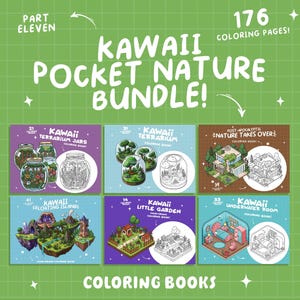 May include: A set of six colouring books featuring kawaii illustrations of nature scenes. The books are titled "Kawaii Terrarium Jars", "Kawaii Terrarium", "Post-Apocalyptic Nature Takes Over", "Kawaii Floating Islands", "Kawaii Little Garden", and "Kawaii Underwater Room".