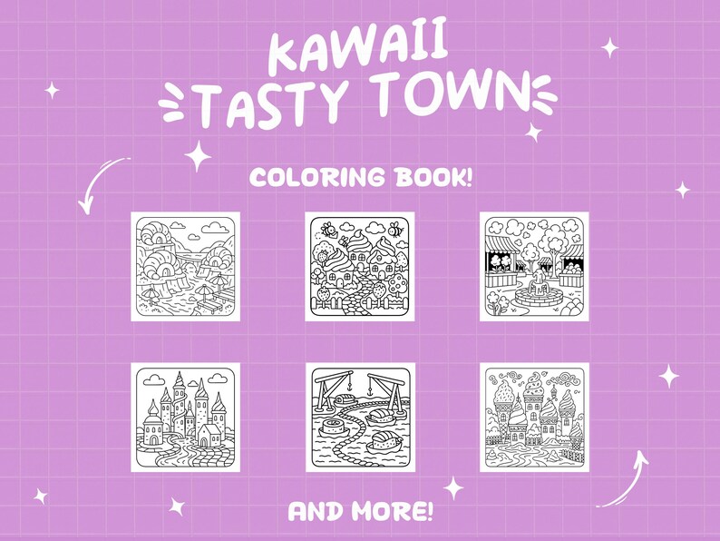 May include: A coloring book titled "KAWAII TASTY TOWN" with six black and white illustrations of whimsical scenes. The images include landscapes, buildings, and food-themed elements, all set against a light purple background.
