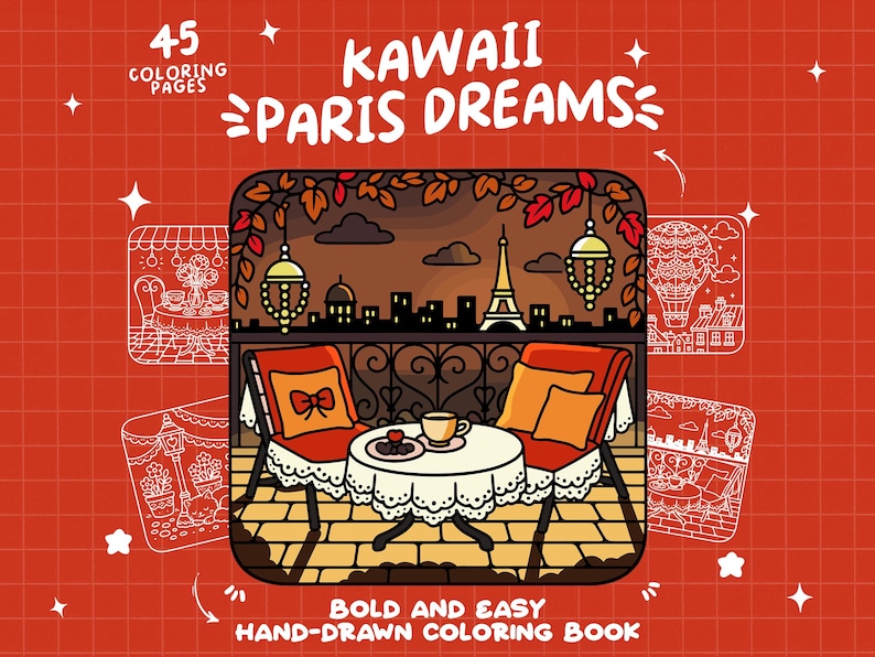 K&ouml;nnte beinhalten: Ein Malbuch mit dem Titel "Kawaii Paris Dreams" mit 45 Ausmalseiten. Das Cover zeigt eine handgezeichnete Illustration einer Pariser Caf&eacute;szene mit dem Eiffelturm im Hintergrund. Das Buch ist ein mutiges und einfach handgezeichnetes Malbuch.