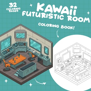 May include: Isometric illustration of a futuristic room coloring book. The image features a detailed interior with control panels, monitors, and an orange table and chairs. The text "KAWAII FUTURISTIC ROOM COLORING BOOK!" is displayed.