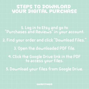 Puede incluir: Fondo verde claro con un patr&oacute;n de cuadr&iacute;cula y texto blanco que explica los pasos para descargar una compra digital. Se incluyen instrucciones para acceder a los archivos a trav&eacute;s de Google Drive. El texto "QUIRKYFINDS" est&aacute; en la parte inferior.