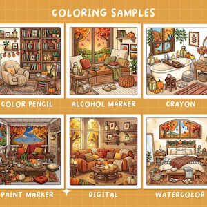 Puede incluir: Una cuadr&iacute;cula de seis muestras de coloreado titulada COLORING SAMPLES, con las etiquetas COLOR PENCIL, ALCOHOL MARKER, CRAYON, PAINT MARKER, DIGITAL y WATERCOLOR. Cada cuadrado muestra una escena interior de tem&aacute;tica oto&ntilde;al con calabazas.