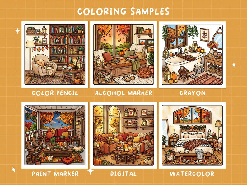 Puede incluir: Una cuadr&iacute;cula de seis muestras de coloreado titulada COLORING SAMPLES, con las etiquetas COLOR PENCIL, ALCOHOL MARKER, CRAYON, PAINT MARKER, DIGITAL y WATERCOLOR. Cada cuadrado muestra una escena interior de tem&aacute;tica oto&ntilde;al con calabazas.