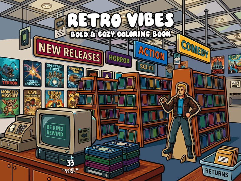 Retro coloring book for adult cozy aesthetic coloring vintage groovy coloring nostalgic old school coloring pages digital printable download image 1
