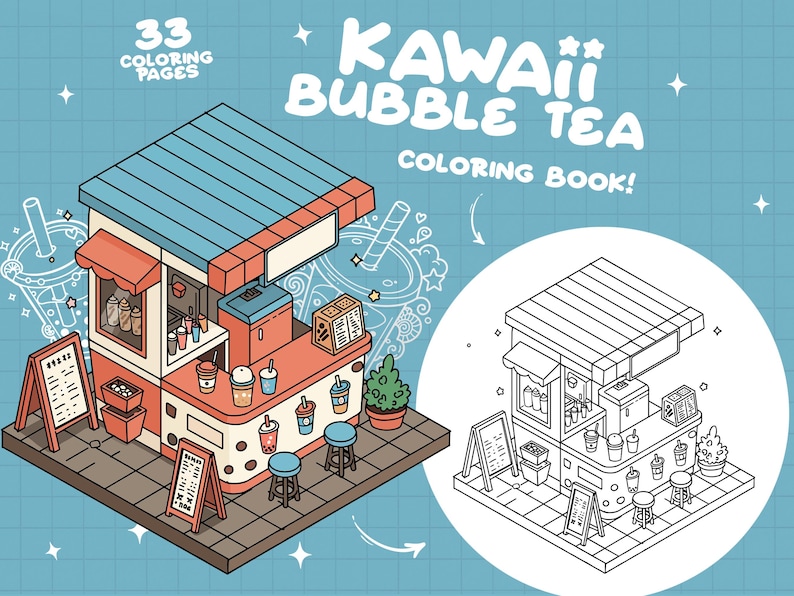 Puede incluir: Un libro para colorear con un puesto de t&eacute; de burbujas kawaii con 33 p&aacute;ginas para colorear. El puesto est&aacute; ilustrado en estilo isom&eacute;trico con un esquema de color rojo, blanco y azul. El puesto tiene un letrero que dice "Kawaii Bubble Tea Coloring Book!"