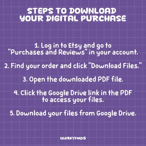 May include: A purple grid background with white text outlining the steps to download a digital purchase from Etsy. The steps include logging into Etsy, finding your order, clicking "Download Files", opening the PDF file, clicking the Google Drive link, and downloading the files from Google Drive.