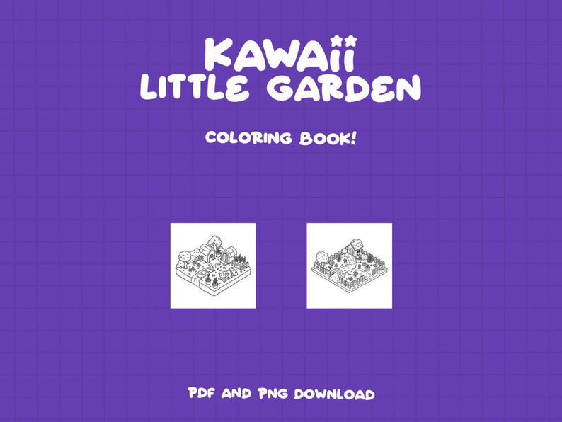 K&ouml;nnte beinhalten: Kawaii Little Garden Malbuch! Zwei Schwarzwei&szlig;illustrationen eines kleinen Gartens mit einem Haus, B&auml;umen, Blumen und einem Zaun. PDF- und PNG-Download.
