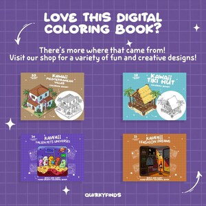 May include: Four digital coloring book covers featuring kawaii illustrations. The covers are titled "Kawaii Mediterranean Villas", "Kawaii Tiki Hut", "Kawaii Alien Pets Universes", and "Kawaii Fashion Dreams".