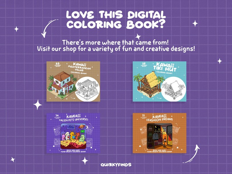 May include: Four digital coloring book covers featuring kawaii illustrations. The covers are titled "Kawaii Mediterranean Villas", "Kawaii Tiki Hut", "Kawaii Alien Pets Universes", and "Kawaii Fashion Dreams".