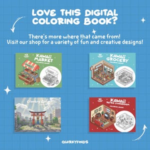 Puede incluir: Un fondo azul con cuatro libros para colorear digitales. Los libros se titulan "Kawaii Market", "Kawaii Grocery", "Country Girl" y "Kawaii Retro Livingroom". El texto "LOVE THIS DIGITAL COLORING BOOK?" est&aacute; en la parte superior.