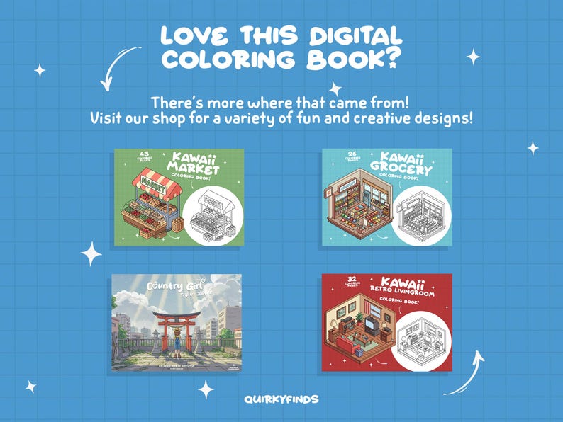 Puede incluir: Un fondo azul con cuatro libros para colorear digitales. Los libros se titulan "Kawaii Market", "Kawaii Grocery", "Country Girl" y "Kawaii Retro Livingroom". El texto "LOVE THIS DIGITAL COLORING BOOK?" est&aacute; en la parte superior.