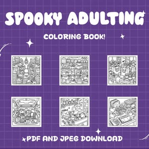Puede incluir: Un libro para colorear titulado SPOOKY ADULTING con seis ilustraciones de arte lineal en blanco y negro que muestran escenas dom&eacute;sticas como un escritorio desordenado, estantes de despensa, bolsas de compra, maletero y fregadero.