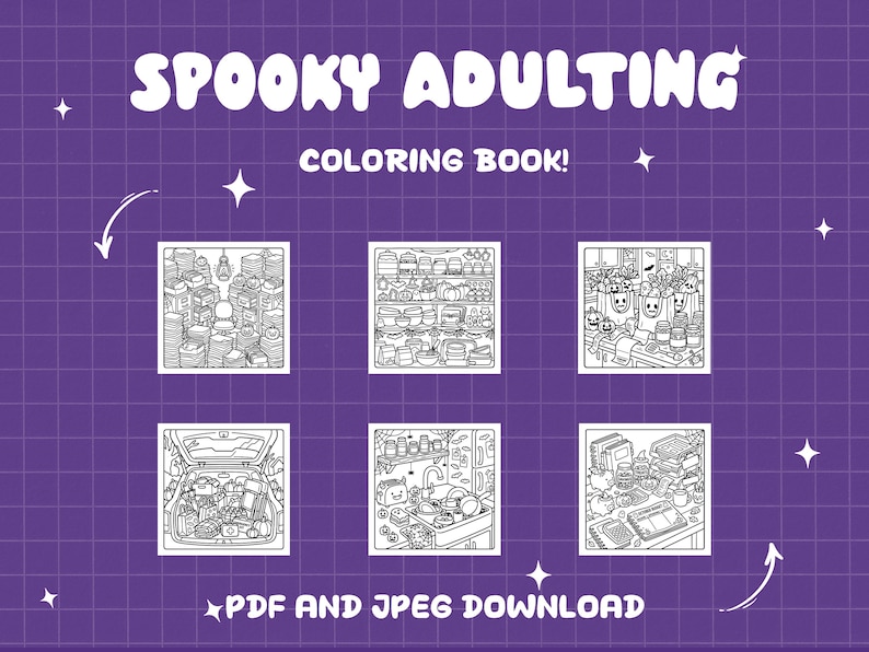 Puede incluir: Un libro para colorear titulado SPOOKY ADULTING con seis ilustraciones de arte lineal en blanco y negro que muestran escenas dom&eacute;sticas como un escritorio desordenado, estantes de despensa, bolsas de compra, maletero y fregadero.