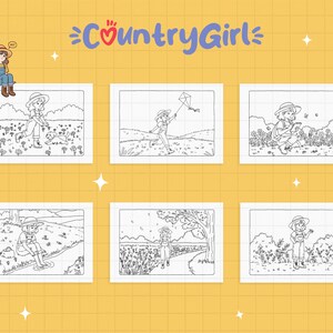 May include: A yellow grid background with the text "Country Girl" in blue and red. The image shows six black and white illustrations of a person in a straw hat and overalls in different outdoor settings.