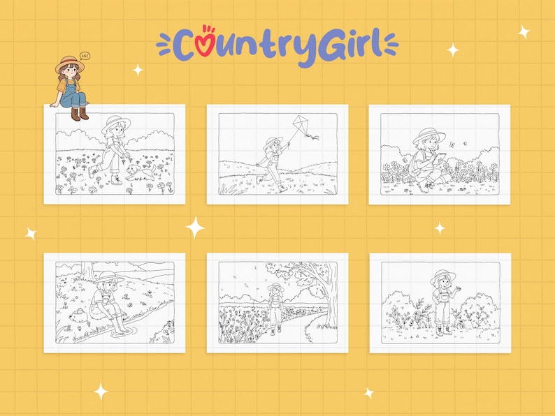 May include: A yellow grid background with the text "Country Girl" in blue and red. The image shows six black and white illustrations of a person in a straw hat and overalls in different outdoor settings.