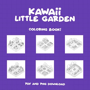 K&ouml;nnte beinhalten: Sechs Schwarzwei&szlig;-Zeichnungen zum Ausmalen mit verschiedenen niedlichen Gartenszenen. Jede Szene enth&auml;lt ein kleines Haus, Blumen, B&auml;ume und einen gewundenen Weg. Der Text "KAWAII LITTLE GARDEN COLORING BOOK!" befindet sich oben im Bild. Der Text "PDF AND PNG DOWNLOAD" befindet sich unten im Bild.