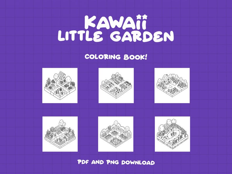 K&ouml;nnte beinhalten: Sechs Schwarzwei&szlig;-Zeichnungen zum Ausmalen mit verschiedenen niedlichen Gartenszenen. Jede Szene enth&auml;lt ein kleines Haus, Blumen, B&auml;ume und einen gewundenen Weg. Der Text "KAWAII LITTLE GARDEN COLORING BOOK!" befindet sich oben im Bild. Der Text "PDF AND PNG DOWNLOAD" befindet sich unten im Bild.