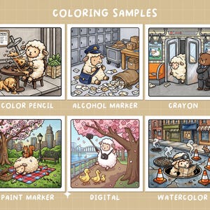 May include: A collection of six illustrated coloring samples featuring sheep characters in various scenarios. The samples include "Color Pencil," "Alcohol Marker," "Crayon," "Paint Marker," "Digital," and "Watercolor," each showcasing a different artistic style.