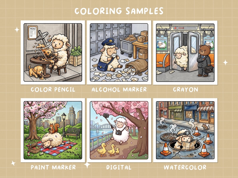 May include: A collection of six illustrated coloring samples featuring sheep characters in various scenarios. The samples include "Color Pencil," "Alcohol Marker," "Crayon," "Paint Marker," "Digital," and "Watercolor," each showcasing a different artistic style.