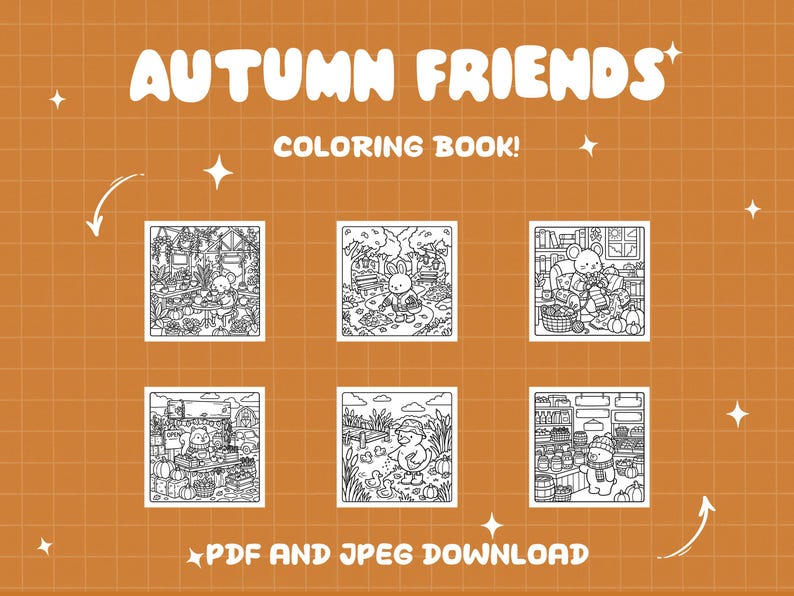 May include: An Autumn Friends coloring book featuring six black and white line art illustrations of animals in seasonal settings. The cover text reads Autumn Friends Coloring Book and PDF and JPEG Download on an orange grid background.