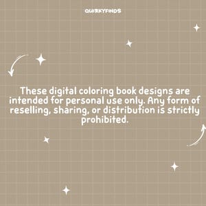 May include: Tan background with a grid pattern, white stars, and curved arrows. Text reads: "These digital coloring book designs are intended for personal use only. Any form of reselling, sharing, or distribution is strictly prohibited."