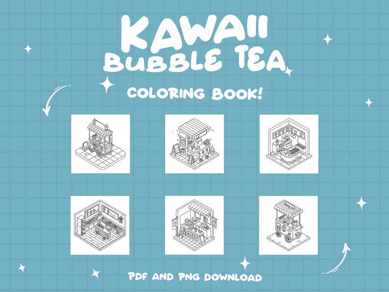 Puede incluir: Un libro para colorear con seis ilustraciones en blanco y negro de tiendas de t&eacute; de burbujas kawaii. El t&iacute;tulo del libro es "Kawaii Bubble Tea Coloring Book!" con el texto "PDF and PNG Download" en la parte inferior.