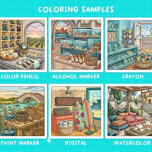 May include: A vibrant illustration presenting six coloring samples. Each sample illustrates a different scene, such as a wine cellar, an aquarium, a beach shop, a waterside scene, a surf shop, and an outdoor lounge. The text "COLORING SAMPLES" is at the top.