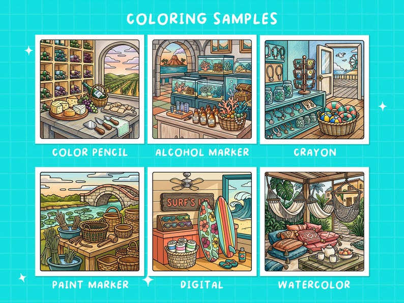 May include: A vibrant illustration presenting six coloring samples. Each sample illustrates a different scene, such as a wine cellar, an aquarium, a beach shop, a waterside scene, a surf shop, and an outdoor lounge. The text "COLORING SAMPLES" is at the top.