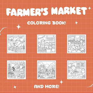 Puede incluir: Un fondo naranja con el texto "FARMER'S MARKET" y "COLORING BOOK!" en blanco. Debajo, seis ilustraciones en blanco y negro de un mercado de agricultores con varios animales y productos. Las palabras "AND MORE!" est&aacute;n en la parte inferior.