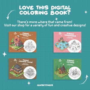 May include: Four digital coloring book covers featuring illustrations of a fairy cottage, underwater scene, Japanese house, and a cottage. Each cover has a title and a colorable version of the illustration.